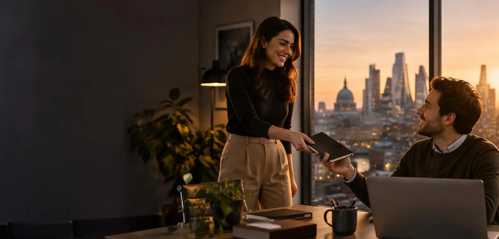 Two colleagues smiling as one hands a notebook to the other in a warm-lit London office
