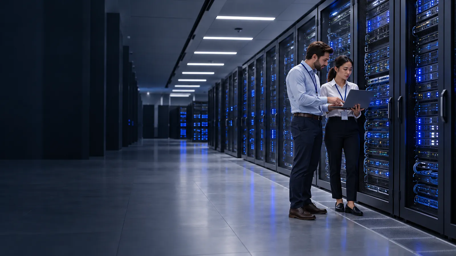Two colleagues reviewing a laptop beside blue-lit server racks in a long data-centre aisle